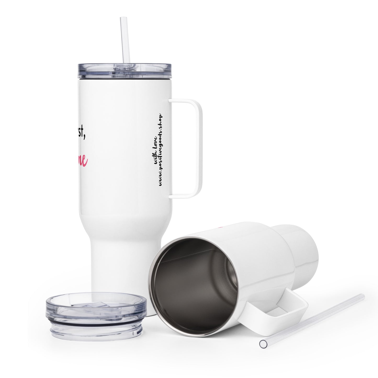 Travel mug with a handle "BUT FIRST, ME TIME"